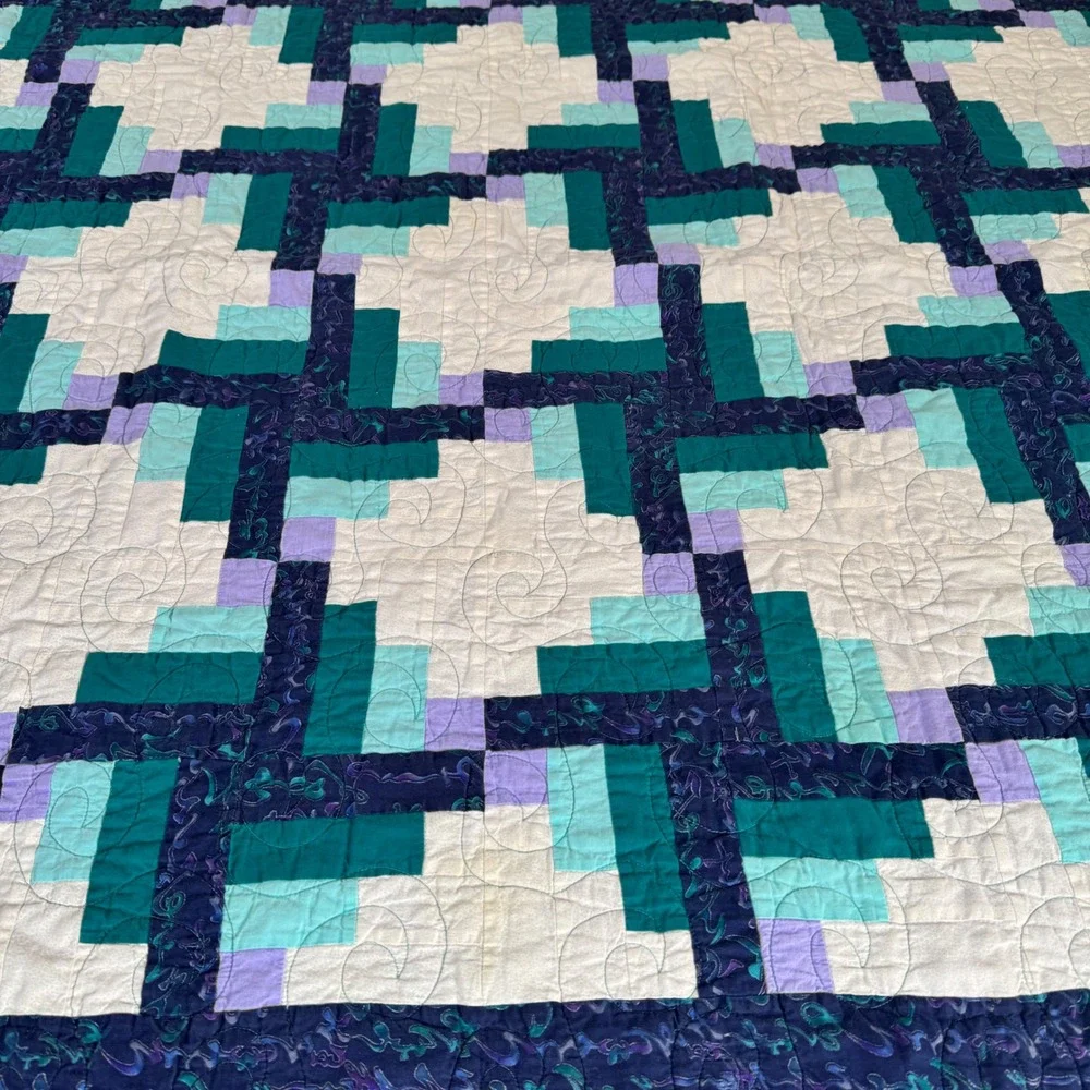 Handmade Vintage Quilt 76x54 Blue Teal Purple Log Cabin Patchwork Geometric 90s